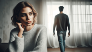 how to pull away to make him miss you. a woman looking pensive as a man walks away