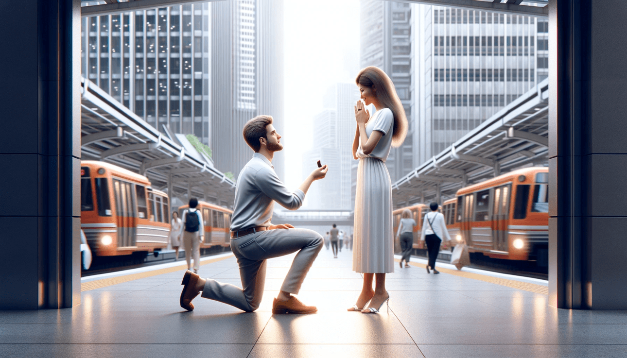 a man proposing to a woman in a bright urban setting